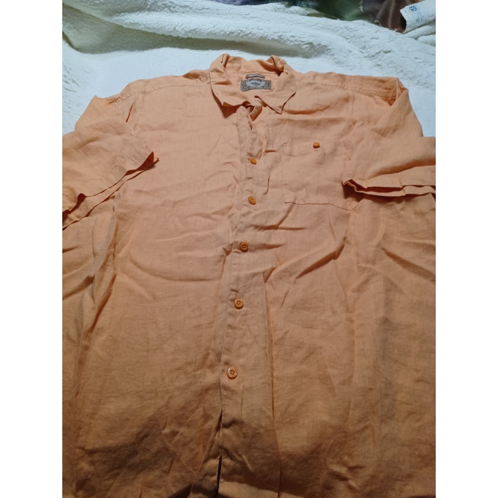 Bruno 100% Linen Shirt Men 3XLB Orange Button Up Pocket Collared Short‎ Sleeve